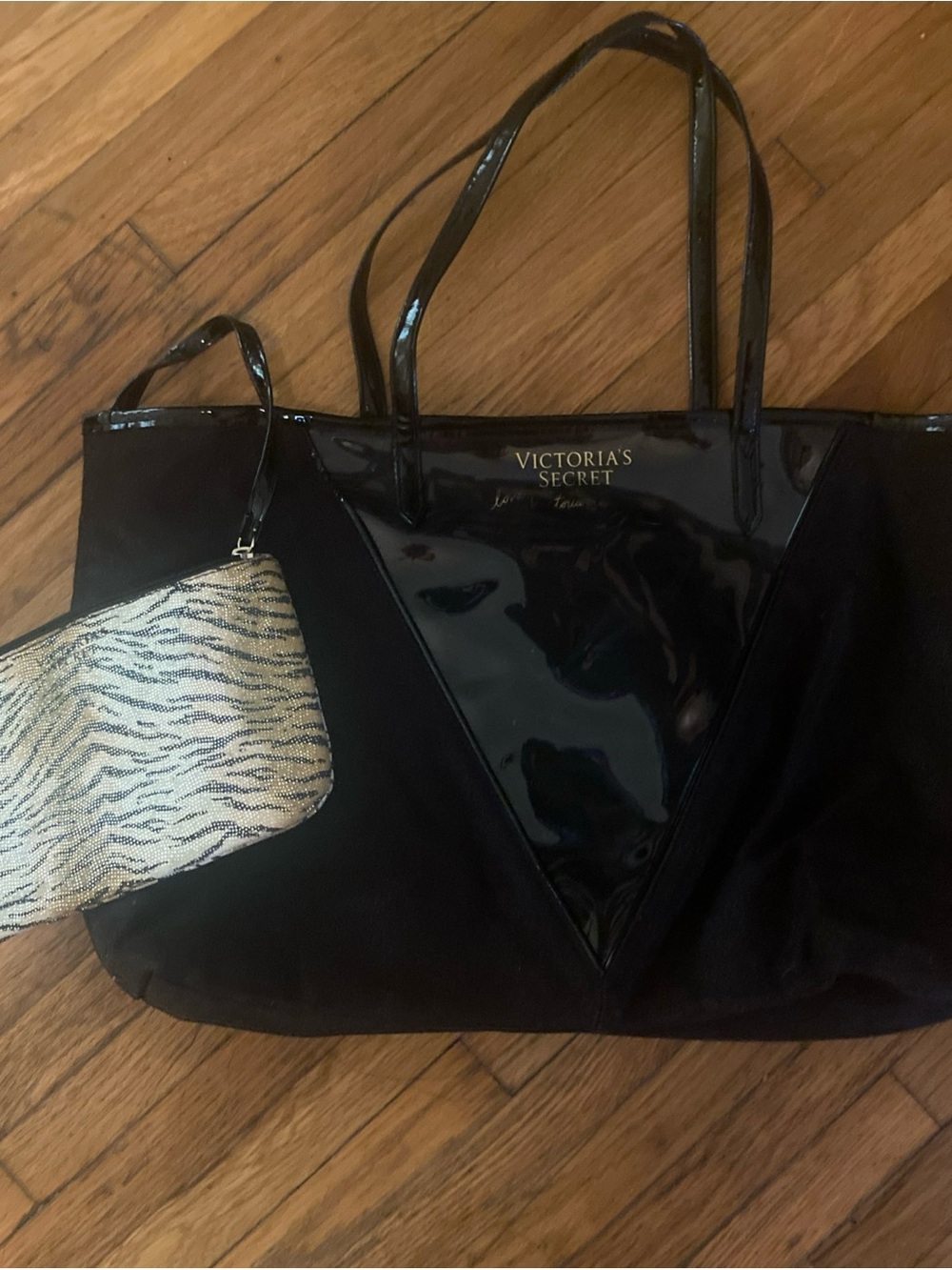 Victoria's Secret Black Tote with Patent Triangle and Zebra Wristlet